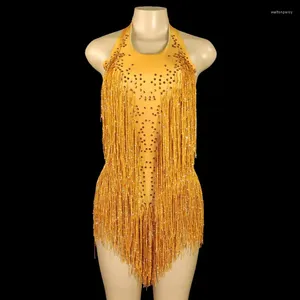 Wearnhing Sparkly Rimestones Fringe Leotard Femmes de nuit Tenue de soirée Costume de danse One-pièce BodySuit de performance sexy 2024