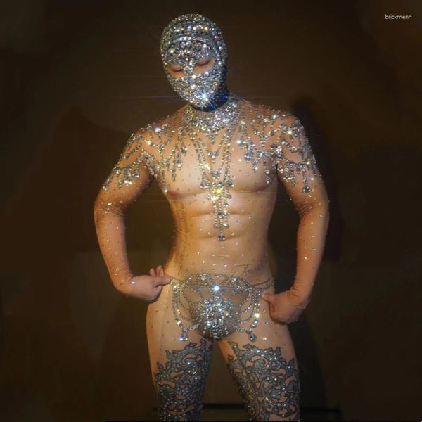 Stage Wear Sparkly Strass Combinaison pour hommes Élastique Justaucorps Couvre-chef Sexy DJ Discothèque Tenue Performance Danse Costume Spectacle