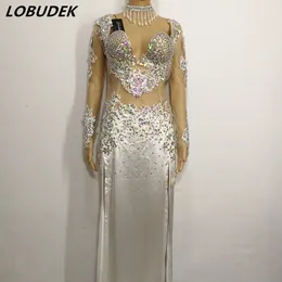 Stage Wear Sparkly Rhinestones Long Dress for Women Prom Evening Party Birthday Celet Performance Outfit Singer Concert kostuum