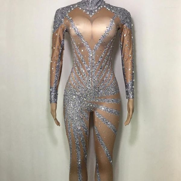 Vêtements de scène brillants strass à manches longues combinaison discothèque élastique justaucorps femmes DJ danseur Performance Rave danse Costume