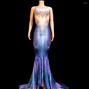 Stage Wear Sparkly Rhinestones Pearl Long Dress Women Birthday Costume Prom Vier 3D Print Big Tail Party Jurken Avond Outfits