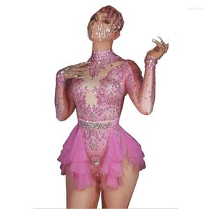 Stage Wear Sparkly Rhinestones Pink Lace Bodysuit Women Long Sleeve Birthday Party Outfit Dance Costume Sexy Show Performance