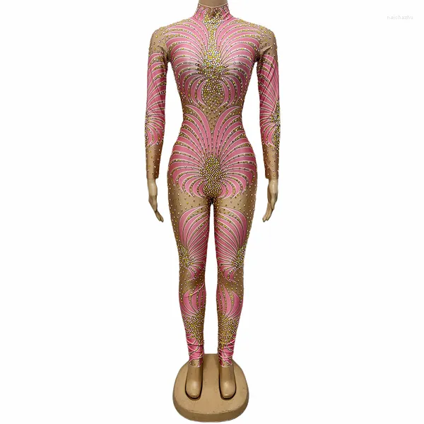 Stage Wear Strass Scintillants Rose Imprimé Combinaison Élastique Maigre À Manches Longues Pole Dance Justaucorps Femmes Fête D'anniversaire Célébrer Costume