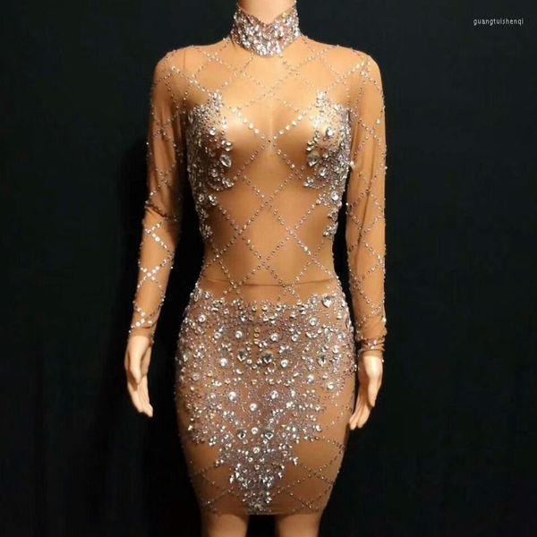 Stage Wear Sparkly Strass Sexy Mesh See Through Dress Avec Manches Longues Femmes Anniversaire Prom Party Bling Bodycon Nightclub Outfit