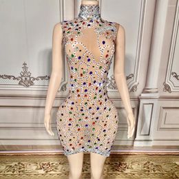 Etapa desgaste brillante pedrería vestido corto para mujeres sexy malla transparente celebrar cumpleaños po disparar traje