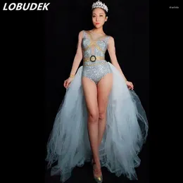 Vêtements de scène avec strass scintillants, maille blanche, body traînant pour femmes, Costume de chanteur, boîte de nuit, Bar, fête, vêtements de performance sexy