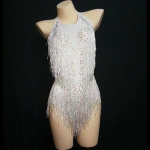 Stage Wear Strass Scintillants Blanc Tassel Body Femmes Sexy Club Outfit Fringe Dance Costume One-piece Show Singer JustaucorpsStag219c