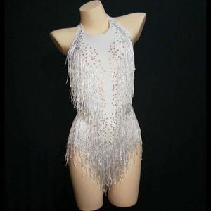 Stage Wear Sparkly Strass Blanc Gland Body Femmes Sexy Club Outfit Fringe Costume De Danse Une Pièce Spectacle Chanteur JustaucorpsStag286j