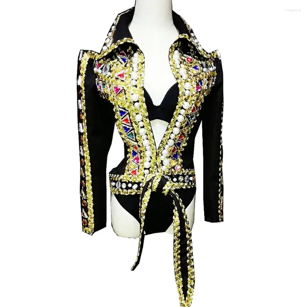 Stage Wear Sparkly Strass Femmes Manteau à manches longues Noir Soutien-gorge Short 3 pièces Ensemble Discothèque Pole Dancing Costumes DJ Singer