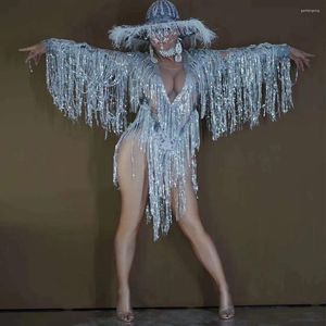 Stage Wear Sparkly Sequin Fringe Silver Body pour femmes Dancer Show Justaucorps Célébrer Outfit Prom Bar Anniversaire Night Club Gogo Costumes