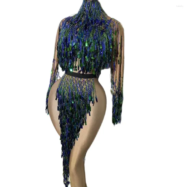 Stage Wear Sparkly Paillettes Gland Tops Sans Dossier Jupe Haute Split Longue Femme Jupe Discothèque Tenue DJ Chanteur Danse Performance