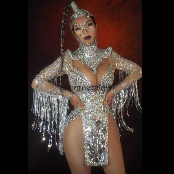 Stage Wear Sparkly Silver Fringe Mesh Robe à paillettes transparente Femmes Tenue de danse latine Sexy Club Bar Porter Chanteur Justaucorps Scène Comesephemeralew