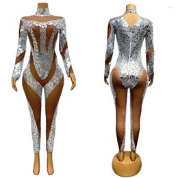 Stage Wear Sparkly Silver Mirrors Combinaison Femme Party Gogo Dance Costume Sexy Mesh Stretch Justaucorps Performance Festival Outfit