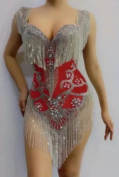 Stage Wear Sparkly Argent Strass Frange Transparent Body Femmes Danseuse Spectacle Célébrer Tenue Bal Bar Anniversaire