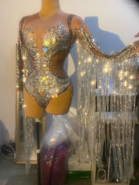 Wearging Sparkly Silver Silaistone Sequin Pilk BodySuit Femmes Latin Dance Fringe Jumpsuit Club Bar Singer Leotard Costume