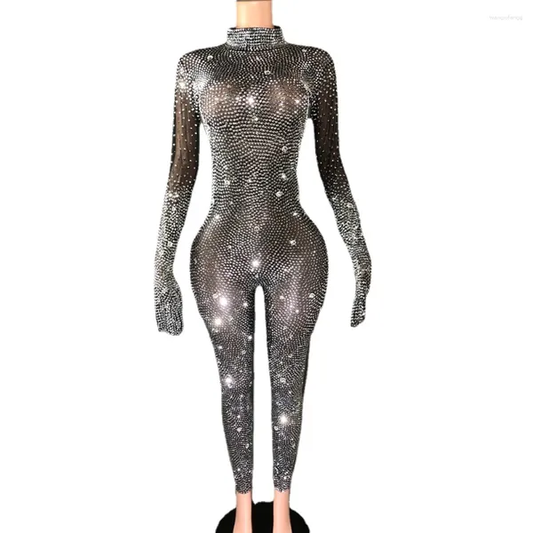 Stage Wear Sparkly Argent Strass Noir Combinaison Gants Femmes Sexy Mesh Soirée Anniversaire Tenue Performance Costume