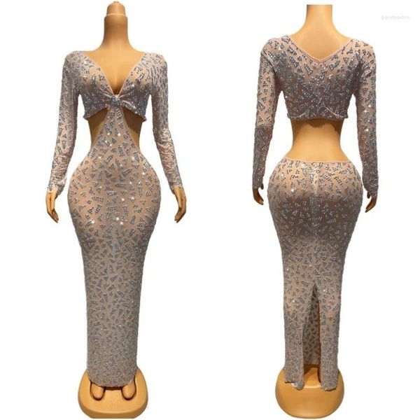 Etapa desgaste brillante plata diamantes de imitación mangas largas vestido transparente mujeres recorte fiesta traje noche celebrar vestidos traje xs6025