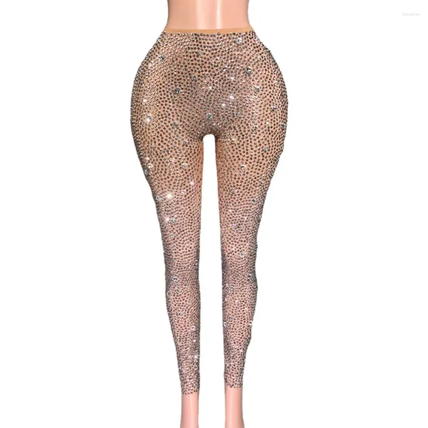 Vêtements de scène Pantalons strass argentés scintillants pour femmes Sexy Maille transparente Legging Chanteur Danseur Performance Costume de danse