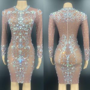 Stage Wear Sparkly Silver Rhinestones doorzien door kleding prom feestje Mesh Outfit avond Verjaardag Celebrate jurken vrouwen dans costumexs2651s