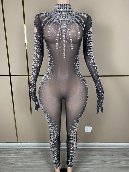 Etapa desgaste brillante plata diamantes de imitación transparente estiramiento mono celebrar sexy guantes de malla negro body traje de fiesta de cumpleaños