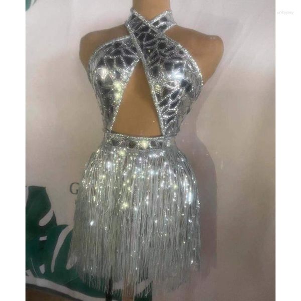 Tenue de scène scintillante argent paillettes frange robe courte 2 pièces ensemble femmes anniversaire Sexy dos nu discothèque tenue Costume de danse