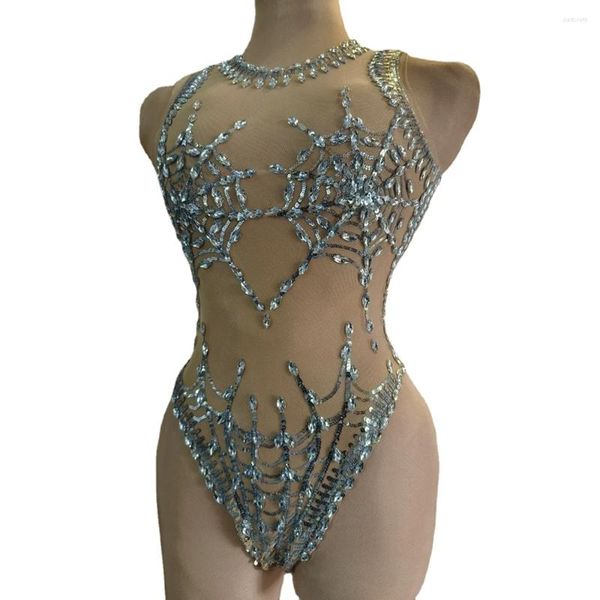 Stage Wear Sparkly Argent Paillettes Strass Body Femmes Sexy Maille Transparente Sans Manches Performance Danse Costume Club