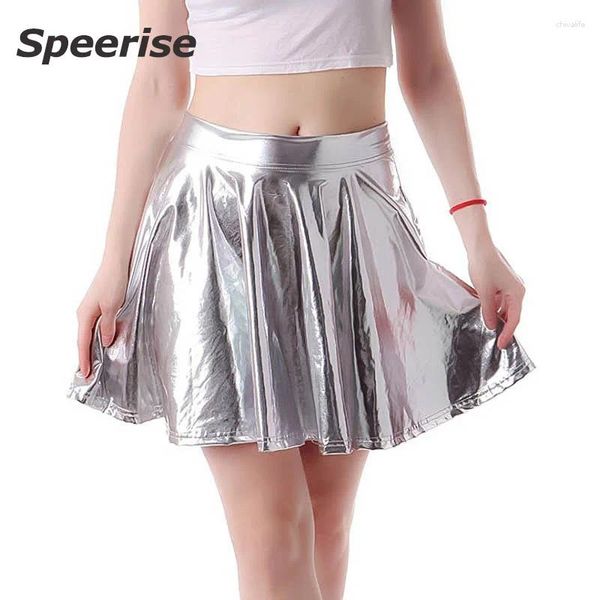 Toneelkleding Speerise Metallic Schaatserrok Mini Kunstleer Glanzend Spandex Groen Nachtclub Feest Ballroomdans Sexy Kostuums Wetlook