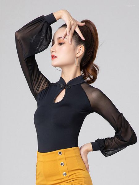 Vêtements de scène sport élégant Costume de danse Tango hauts bouton col montant femmes adulte fantaisie haut coupe ajustée manches bouffantes vêtements latins