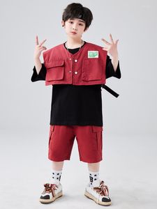 Desgaste de la etapa Traje de baile callejero Ropa juvenil Chaleco rojo Camiseta negra Niños Niñas Suelta Jazz Hip Hop Bailarín Rendimiento Kpop Trajes BL10717