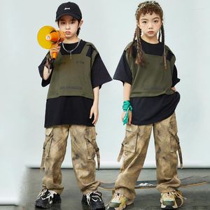Roupa de palco dança de rua para crianças camisetas soltas calças de camuflagem terno meninos fantasias de performance de jazz meninas roupas de hip hop DQS13142