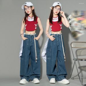 Stage Wear Street Dance Hip Hop Vêtements Pour Filles Rouge Tops Jeans Lâche Kpop Jazz Performance Vêtements Concert Groupe Dancewear Enfants BL10795