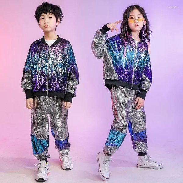 Etapa desgaste Street Jazz Dance Trajes para artistas Hip-Hop para niños Chaquetas de lentejuelas Pantalones plateados sueltos Niñas y niños