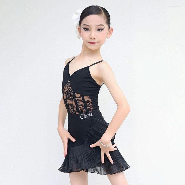 Stage Wear Tops rayés Lotus Jupe Design Enfants Robe de danse latine pour fille Compétition Costume de danse de salle de bal NY02 G1168