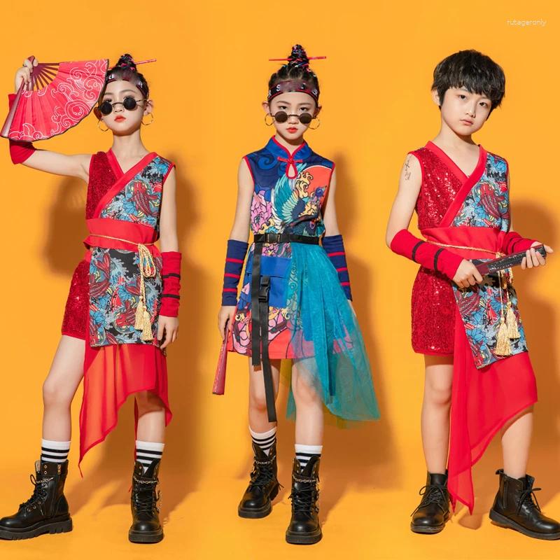 Bühnenkleidung Stil Kinder Jungen Hip Hop Performance Outfits National Tide Jazz Dance Kostüm Mädchen Modell Laufsteg Show Cheongsam Chinesisch