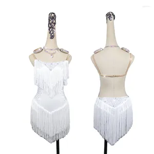 Stage Wear Style Latin Dance Dress Women Performance Rok Salsa vrouwelijke witte hoge split vork dynamische kwastje