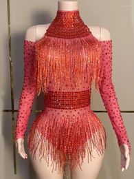 Stage Wear Style Rouge Brillant Strass Femmes Body Sexy Bar Party Gland Costume Chant Performance Discothèque Spectacle Tenue
