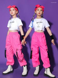Stage Wear Summer Girls Jazz Dance Vêtements à manches courtes Crop Tops Pantalon rose lâche Enfants Hip Hop Performance Costume Kpop Outfit BL10049