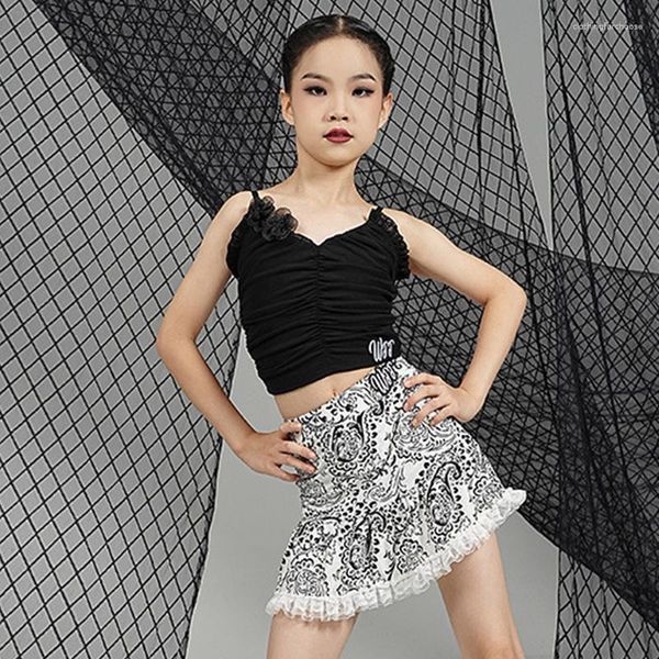 Ropa de escenario de verano para niñas, traje de baile latino, Tops de flores, chaleco, falda de encaje, vestido de práctica para niños, Cha Rumba Performace DNV18228