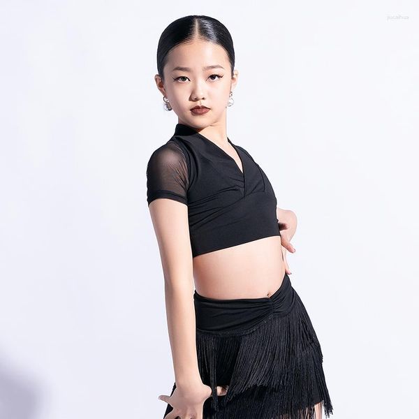 Ropa de escenario de verano para niños, disfraces latinos, ropa de baile de manga corta para niñas negras, Top de baile de práctica de salón de baile a la moda 1277