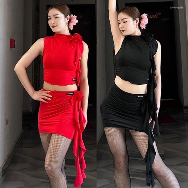 Escenario ropa de verano ropa de baile latino mujeres mangas sin mangas en envoltura falda de cadera club para adultos rumba salsa traje de color rojo negro dnv20335