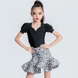 Stage Wear Zomer Latin Dans Kostuum Meisjes Zwarte Top Luipaard Rokken Kids Salsa Tango Chacha Ballroom Kleding SL8390