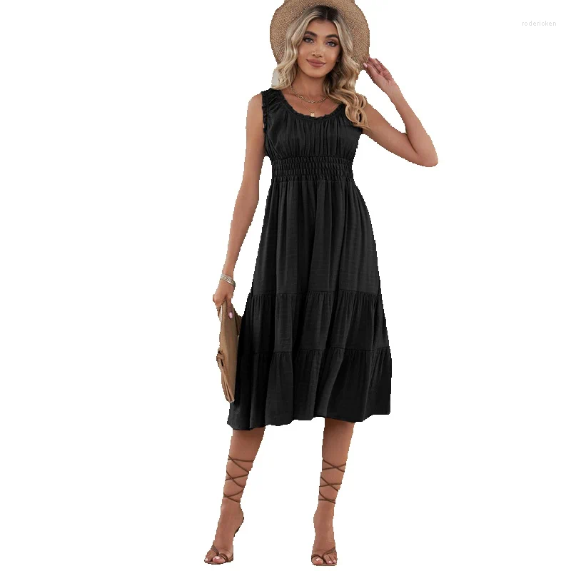 Stage Wear Summer Solid Color Pleated Dress Women's Casual Pocket Pullover Round Neck Sleeveless Over Knee Long Women