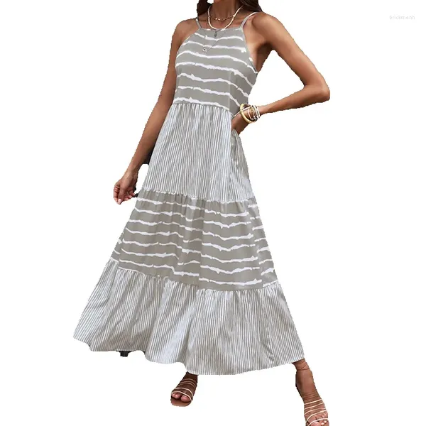 Etapa desgaste verano mujer gris raya delgada correa de hombro vestido largo mujeres bohemio suelto