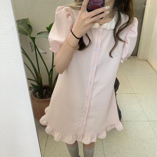 Desgaste de la etapa Sweet Girl Tiancai Vestido corto de manga de burbuja con cuello de encaje de gofre rosa claro Muñeca