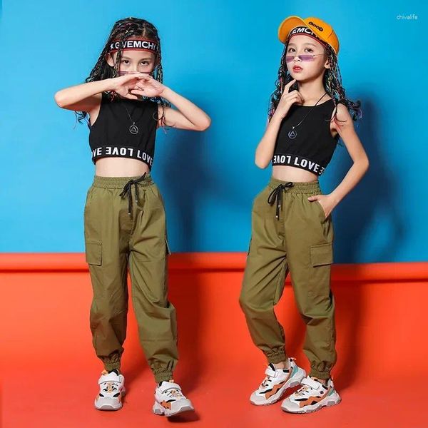 Stage Wear Pantalon de jogging cargo tactique pour filles Costume de danse Jazz Vêtements Kid Hip Hop Vêtements Crop Tank Top Vest Streetwear Militaire