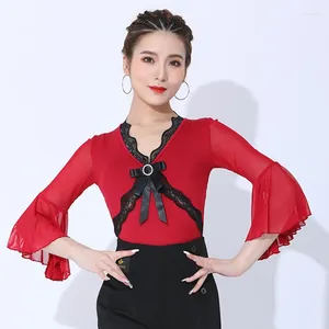 Stage Wear Tango Ballroom Dance Tops Rouge Noir Flare Manches Performance Femmes Moderne Dancewear Latin Waltz Compétition Costume VDB7280