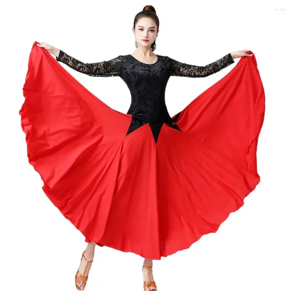 Escenario desgaste tango práctica vestido de manga larga falda de encaje salón de baile vals traje de baile color sólido moda rendimiento traje mujeres