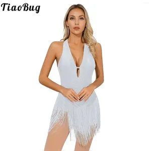 Stage Wear Costume de danse latine gland pour femmes franges justaucorps Samba Zumba robe sexy col en V profond dos nu Tango Jazz robes de danse