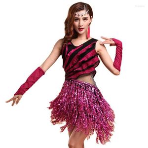 Stage Wear Tassel Sequins Latin Dance Costume Mesh via Fringe Skirt Dress For Women Ballroom Competition Clothing Dancer Party Outfits