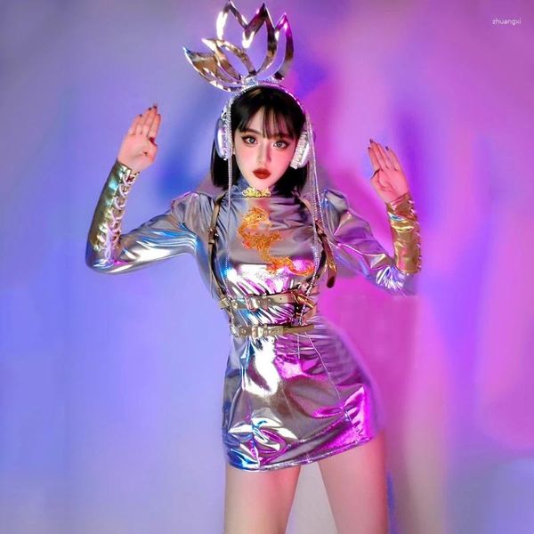 Stage Wear Tech Style Argent Laser Robe Femmes Party Gogo Dance Costume Festival Outfit Femme Chanteuse Danseuse Dj Clubwear XS6909